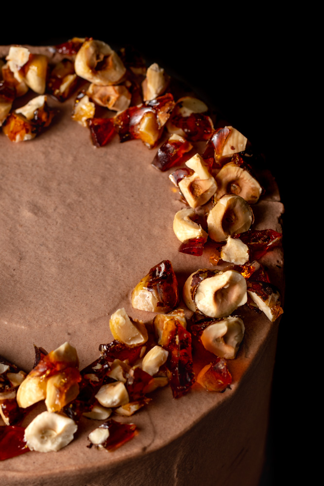 chocolate cake with hazelnut praline whipped cream filling