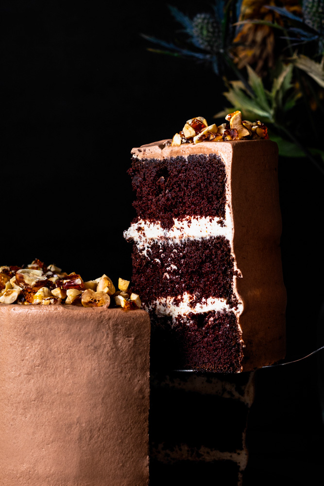 chocolate cake with hazelnut praline whipped cream filling