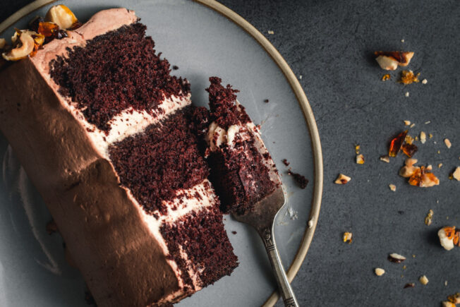 chocolate cake with hazelnut praline whipped cream filling