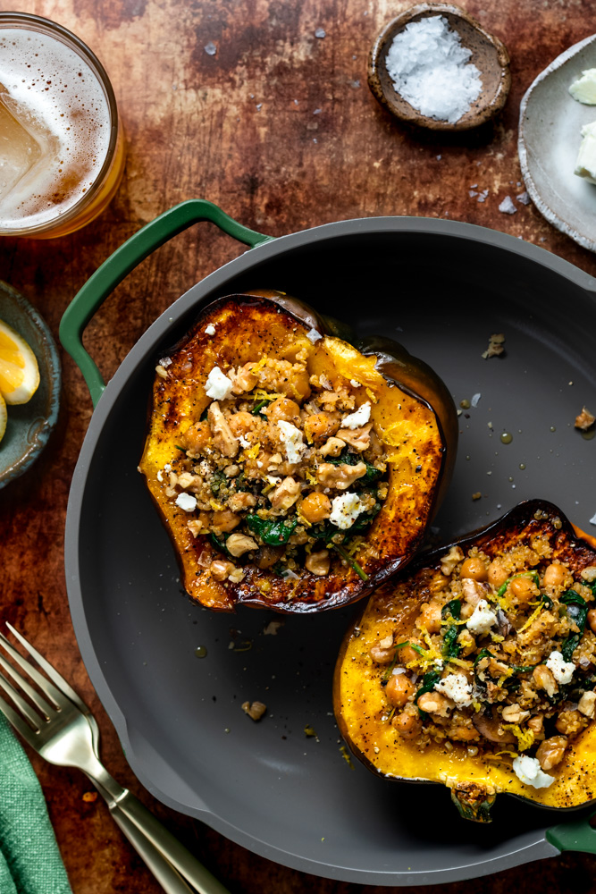 Vegetarian Stuffed Acorn Squash With Spinach And Chickpeas Baking Is