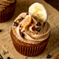 chocolate chip banana bread with peanut butter frosting