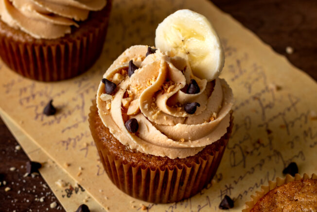 chocolate chip banana bread with peanut butter frosting