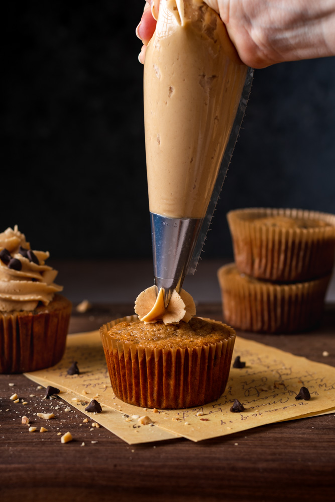 Chocolate Chip Banana Cupcakes with Peanut Butter Frosting