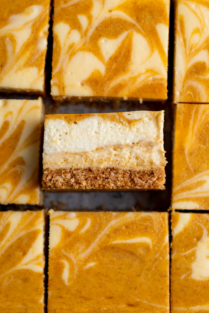 pumpkin swirl cheesecake bars with salted caramel