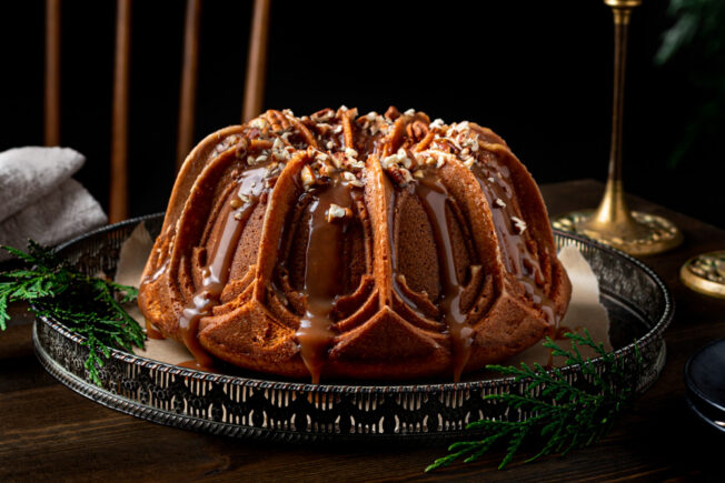 Chai Spice Bundt Cake with Salted Caramel and Pecans
