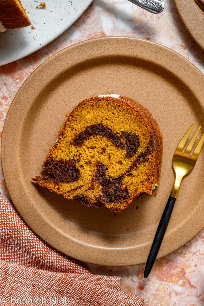 pumpkin chocolate marble cake with cinnamon glaze